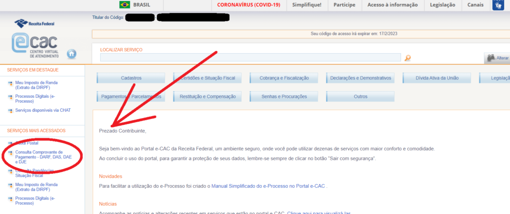 Página da Receita Federal (eCAC) para consulta de comprovante de pagamento de DARF