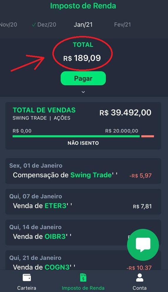 Tela de pagar o Imposto de Renda no aplicativo Grana Capital